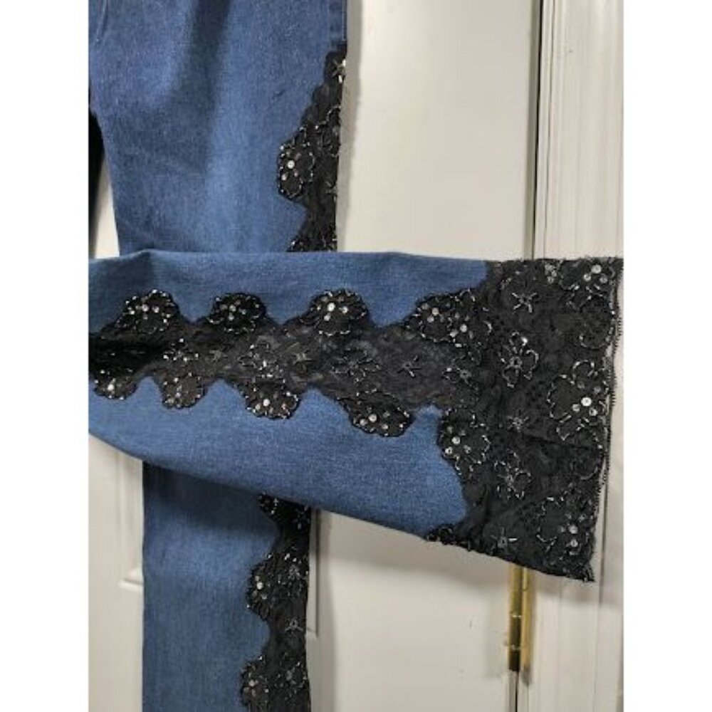 NWT Basix II Embroidered Sheer Side Mid Rise Denim Straight Jeans Blue Womens 4 - Picture 2 of 16